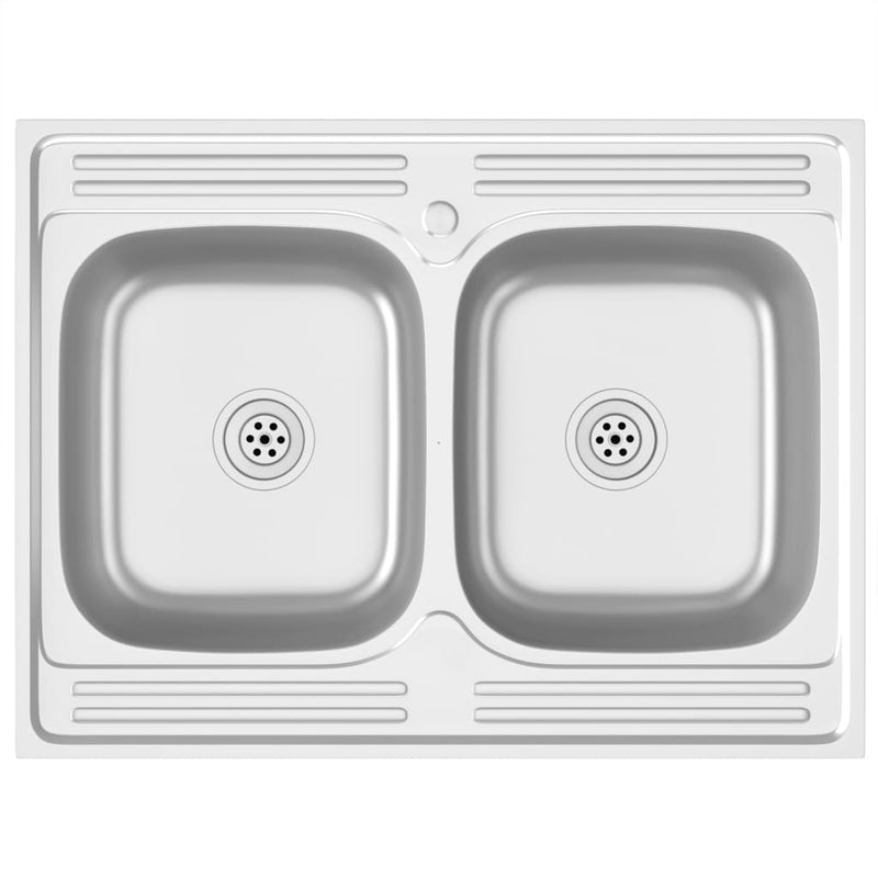 vidaXL ezüst rozsdamentes acél dupla konyhamosogató 800 x 600 x 155 mm