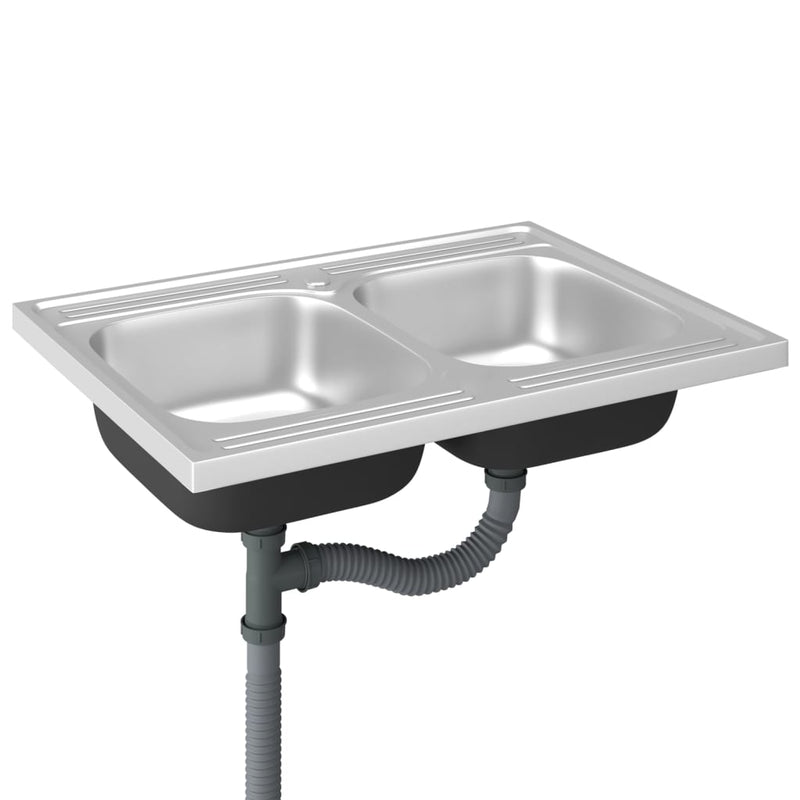vidaXL ezüst rozsdamentes acél dupla konyhamosogató 800 x 600 x 155 mm