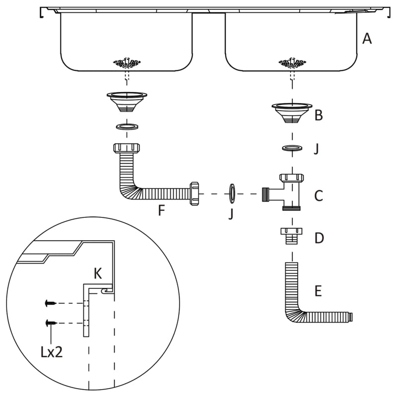 vidaXL ezüst rozsdamentes acél dupla konyhamosogató 800 x 600 x 155 mm