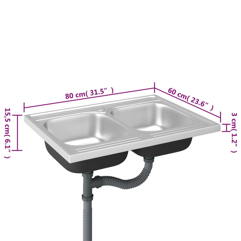 vidaXL ezüst rozsdamentes acél dupla konyhamosogató 800 x 600 x 155 mm