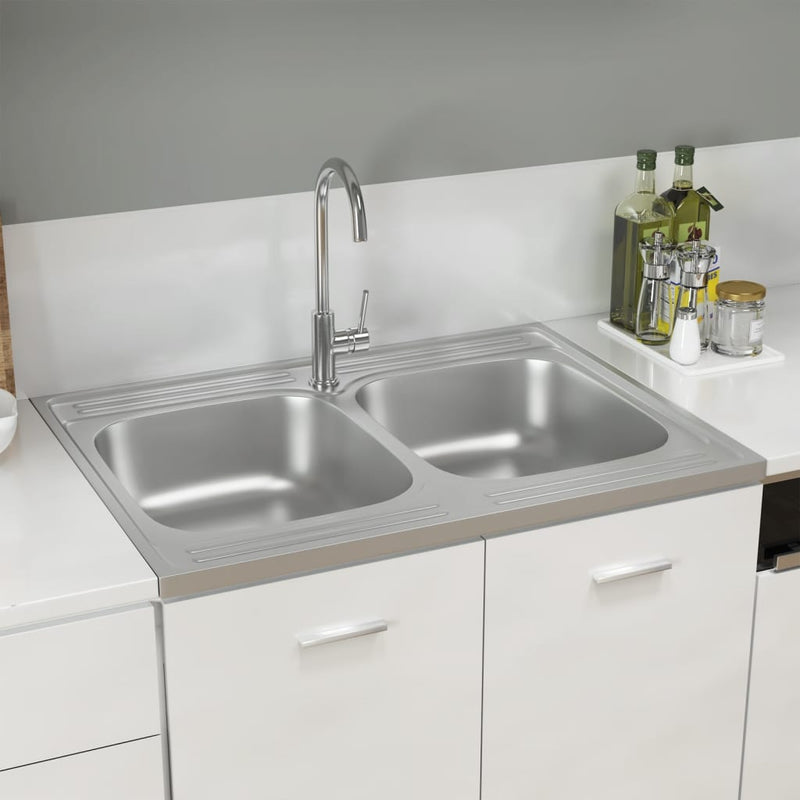 vidaXL ezüst rozsdamentes acél dupla konyhamosogató 800 x 600 x 155 mm
