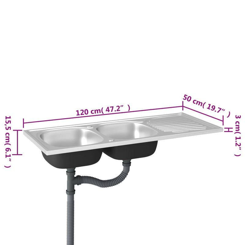 vidaXL ezüst rozsdamentes acél dupla konyhamosogató 1200x500x155 mm