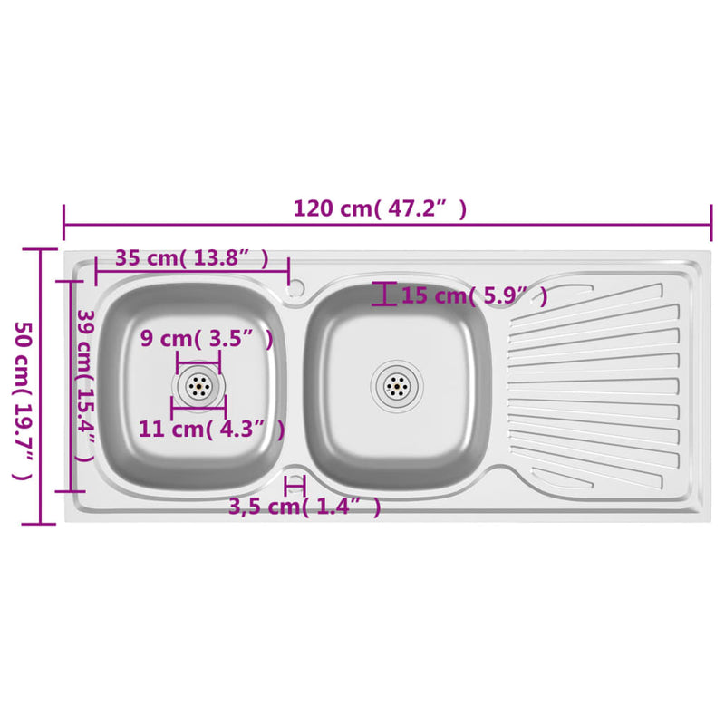 vidaXL ezüst rozsdamentes acél dupla konyhamosogató 1200x500x155 mm