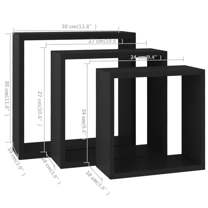 vidaXL 3 db fekete MDF fali kockapolc