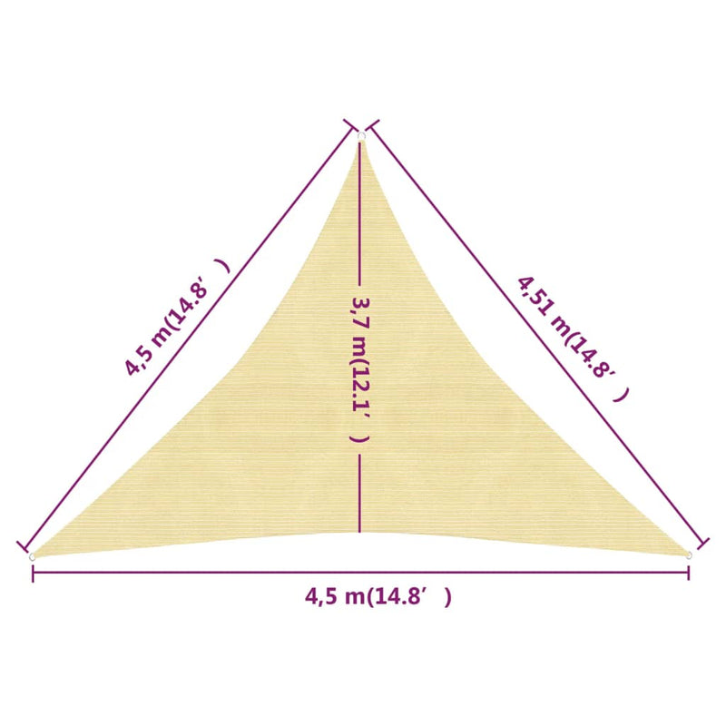 vidaXL bézs HDPE napvitorla 160 g/m² 4,5 x 4,5 x 4,5 m