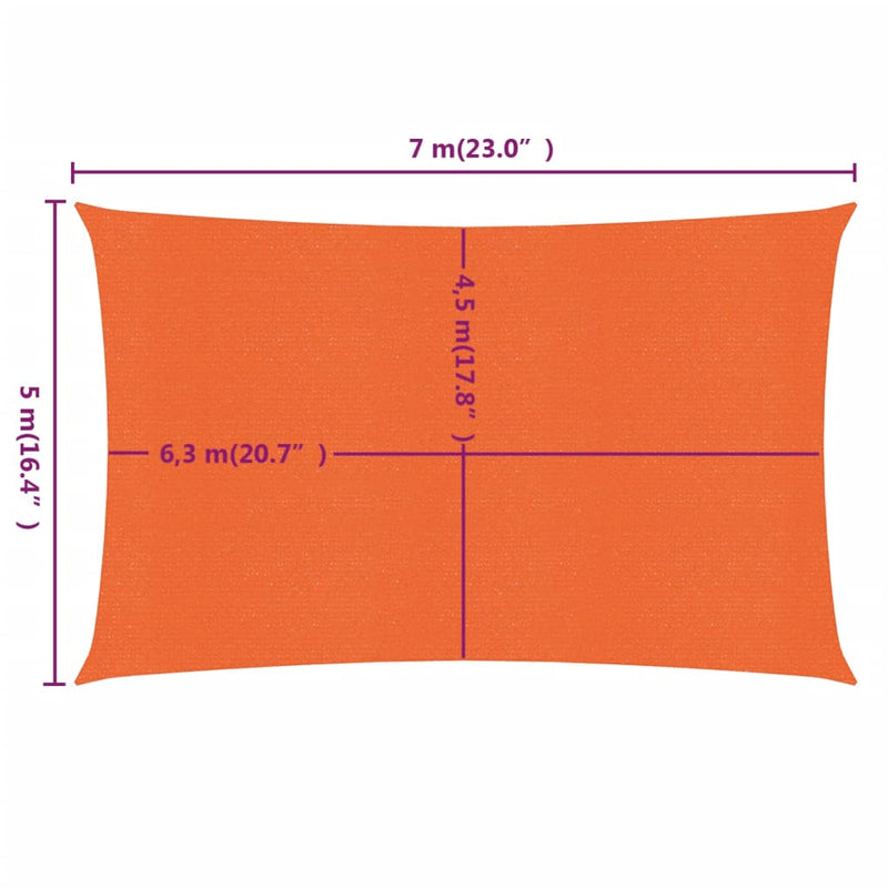 vidaXL narancssárga négyszögletű HDPE napvitorla 160 g/m² 5x7 m