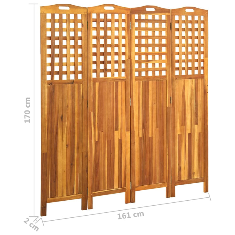vidaXL 4 paneles tömör akácfa szobaelválasztó 161 x 2 x 170 cm