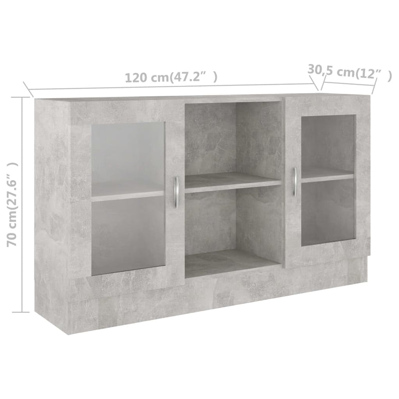 vidaXL betonszürke szerelt fa vitrinszekrény 120 x 30,5 x 70 cm