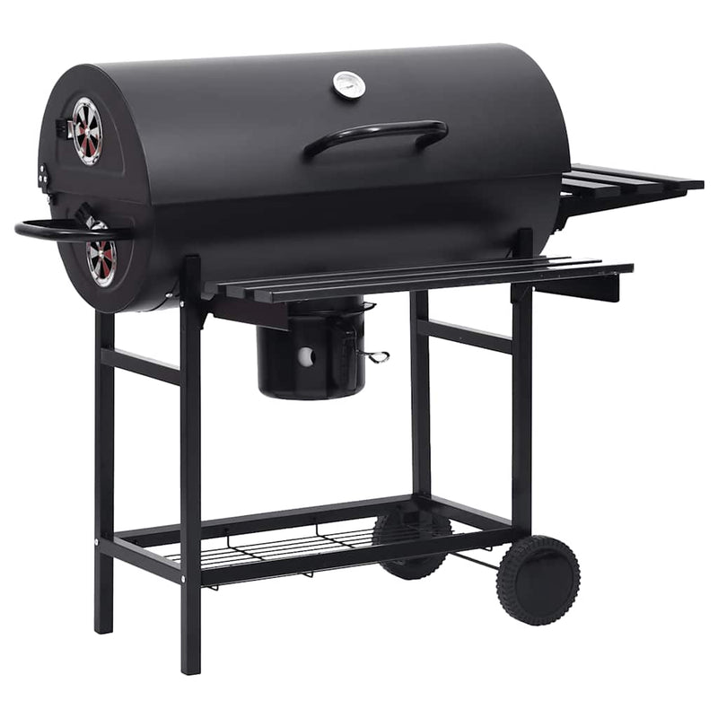 vidaXL fekete acél hengeres grillsütő kerékkel és polccal 115x85x95 cm