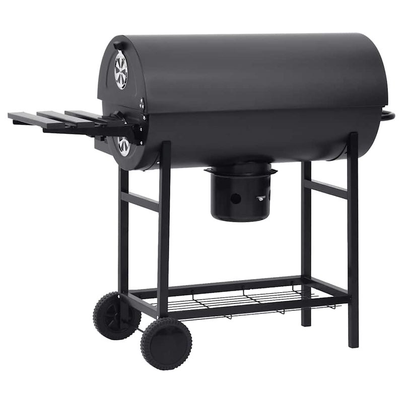 vidaXL fekete acél hengeres grillsütő kerékkel és polccal 115x85x95 cm