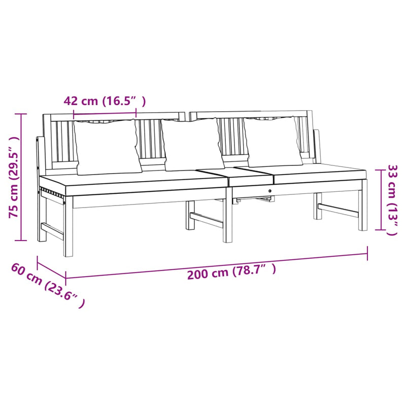 vidaXL tömör akácfa kanapé krémszínű párnákkal 200 x 60 x 75 cm