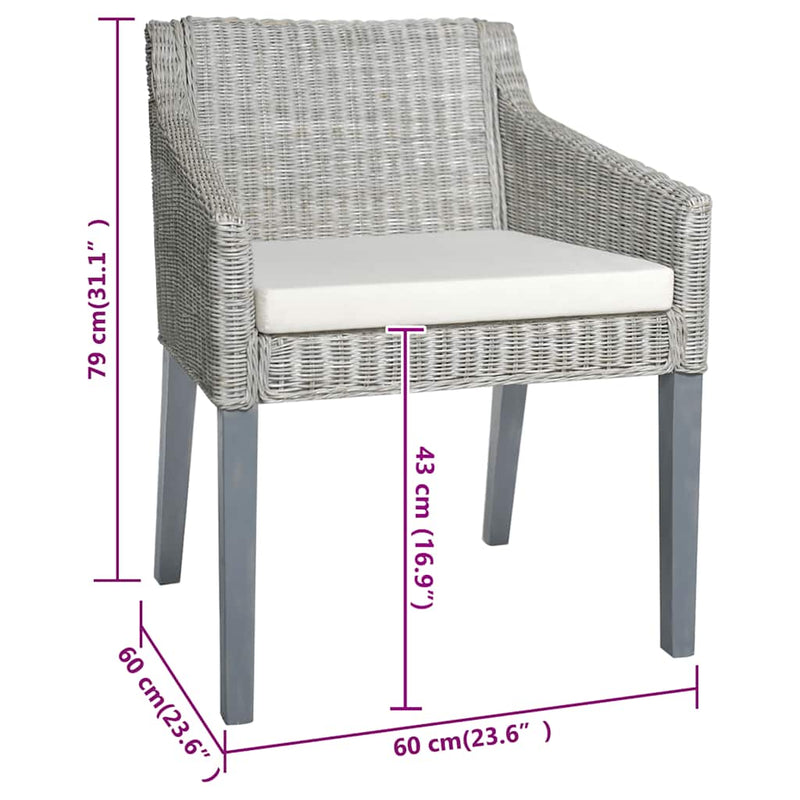 vidaXL 2 db szürke természetes rattan étkezőszék párnával