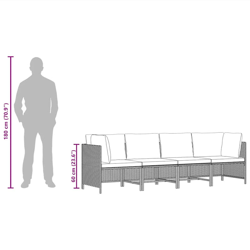 vidaXL 4 személyes fekete polyrattan kerti kanapé párnákkal