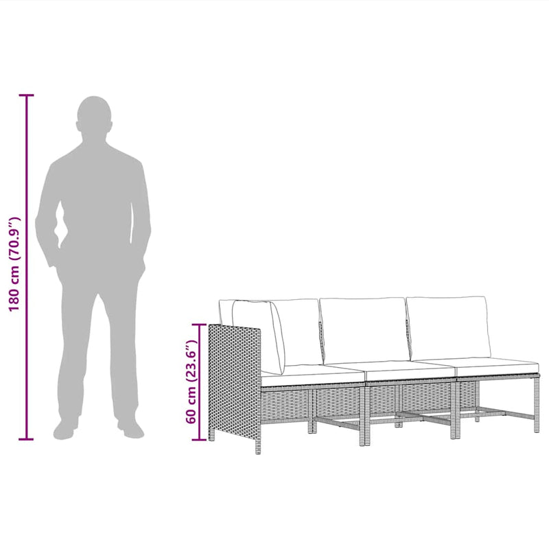 vidaXL 3 részes fekete polyrattan kerti ülőgarnitúra párnával