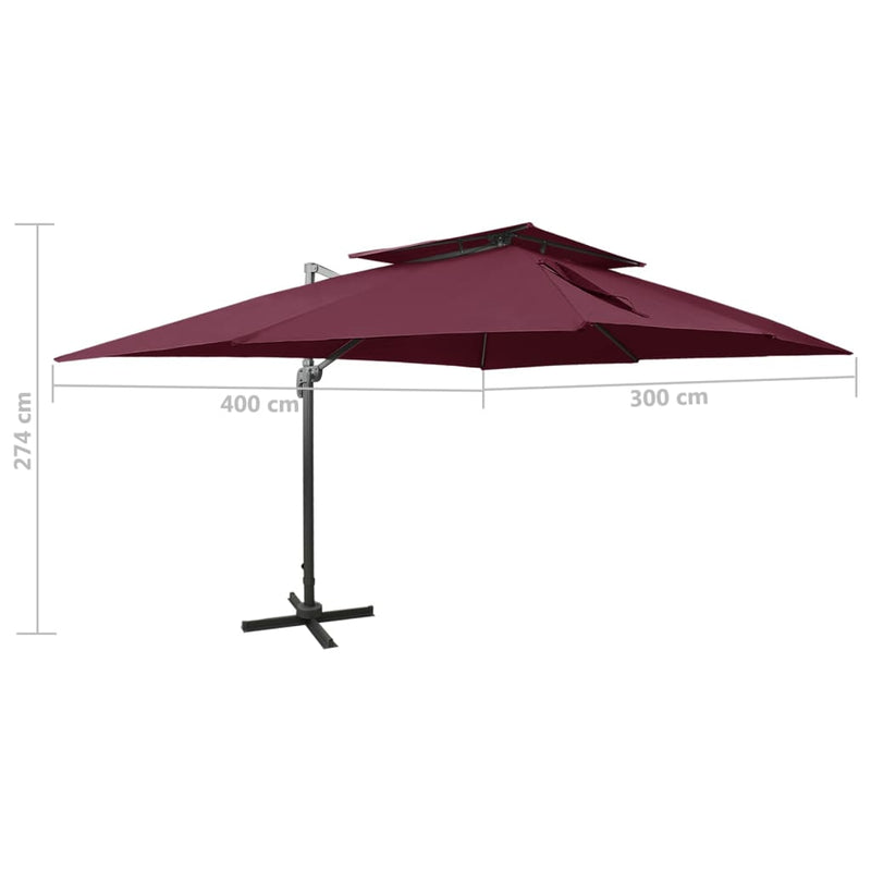 vidaXL bordó dupla tetejű konzolos napernyő 400 x 300 cm