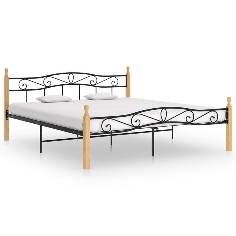 vidaXL fekete fém és tömör tölgyfa ágykeret 200 x 200 cm