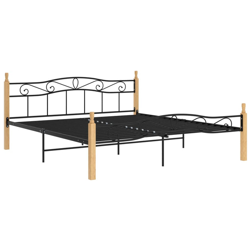 vidaXL fekete fém és tömör tölgyfa ágykeret 200 x 200 cm