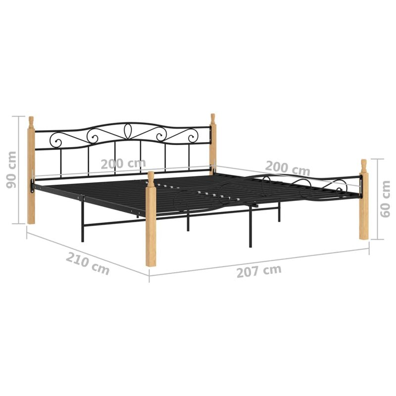 vidaXL fekete fém és tömör tölgyfa ágykeret 200 x 200 cm