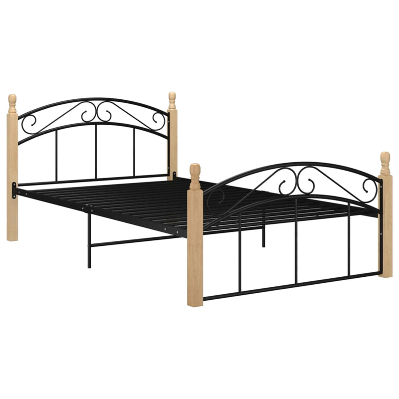 vidaXL fekete fém és tömör tölgyfa ágykeret 120 x 200 cm