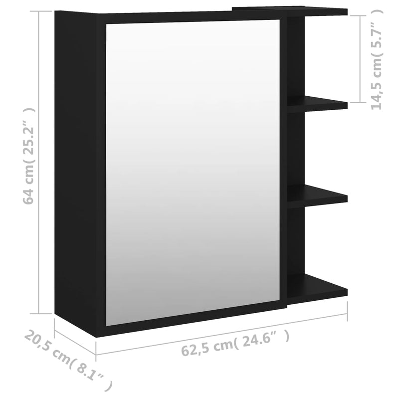 vidaXL fekete szerelt fa tükrös fürdőszoba szekrény 62,5x20,5x64 cm