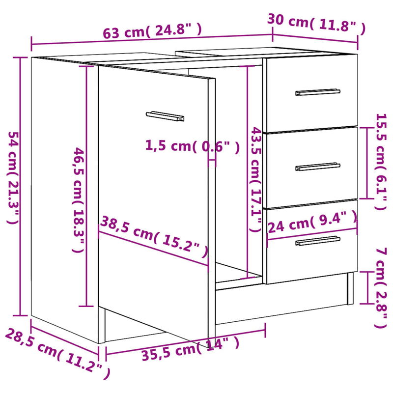 vidaXL fekete szerelt fa mosdószekrény 63 x 30 x 54 cm