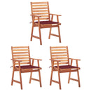 vidaXL 3 db tömör akácfa kültéri étkezőszék párnával