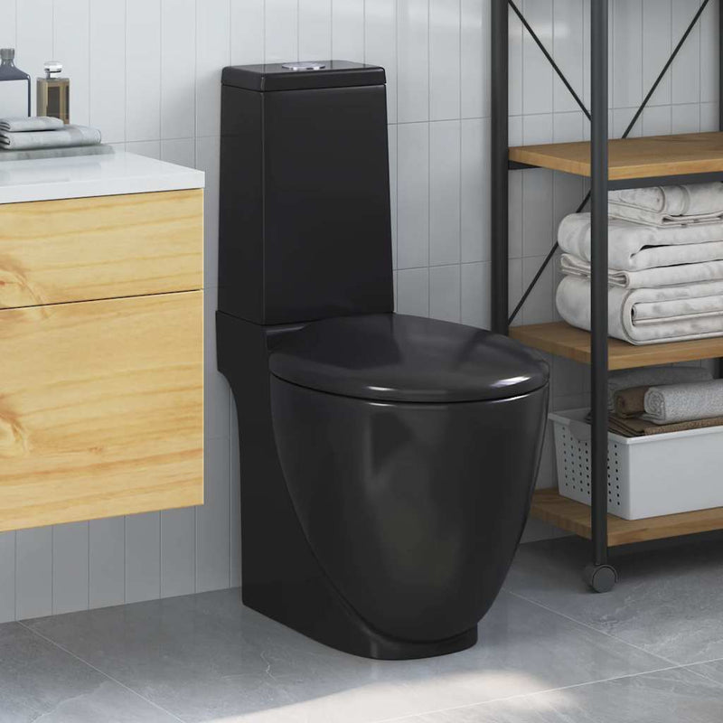 vidaXL fürdőszobai kerek fekete kerámia WC alsó vízelvezetéssel
