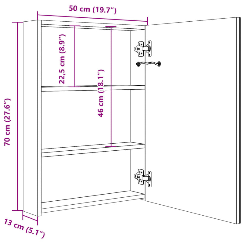 vidaXL tükrös fürdőszobaszekrény LED világítással 50 x 13 x 70 cm