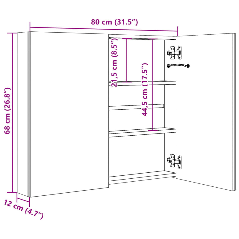 vidaXL tükrös fürdőszobaszekrény LED világítással 80 x 12,2 x 68 cm