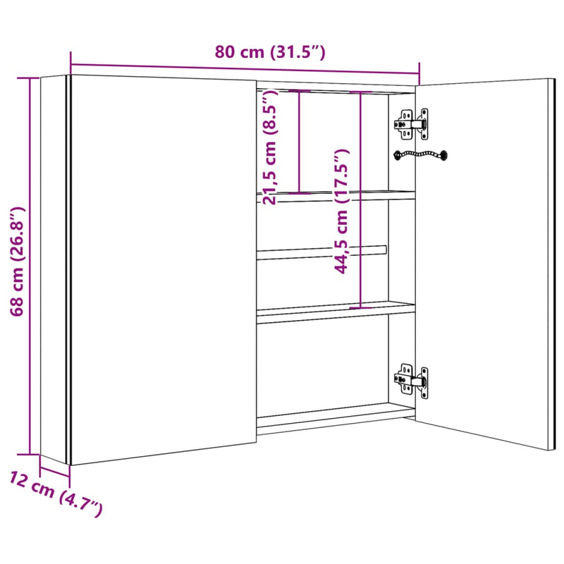 vidaXL szürke LED-es tükrös fürdőszobaszekrény 80 x 12 x 68 cm