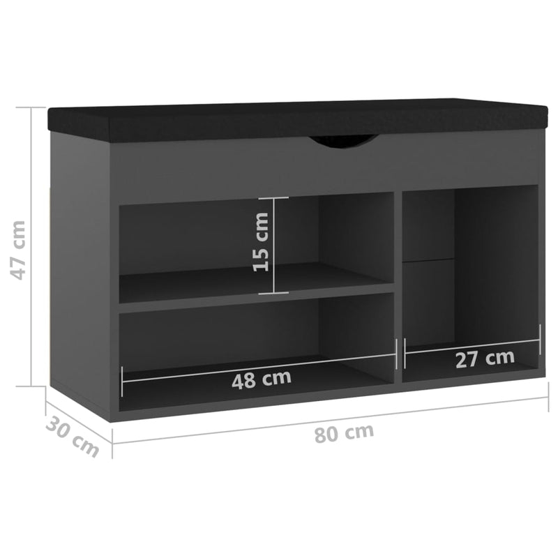 vidaXL szürke szerelt fa cipőtároló pad párnával 80 x 30 x 47 cm