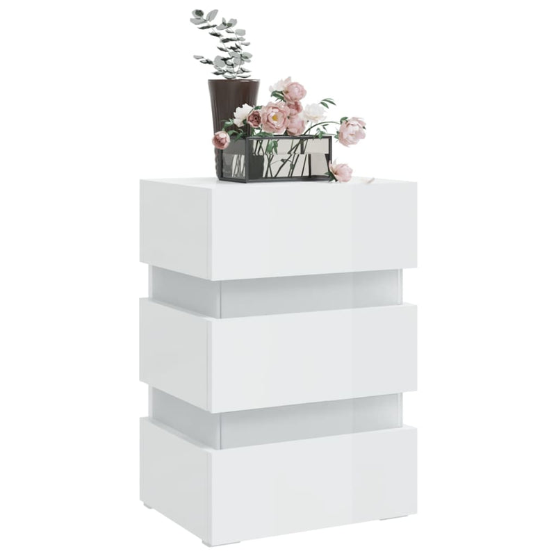 vidaXL magasfényű fehér szerelt fa LED-es éjjeliszekrény 45x35x67 cm