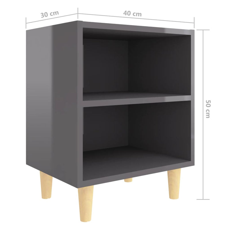 vidaXL magasfényű szürke éjjeliszekrény tömör fa lábakkal 40x30x50 cm