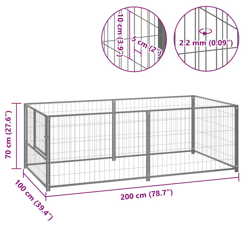 vidaXL ezüst acél kutyakennel 200 x 100 x 70 cm