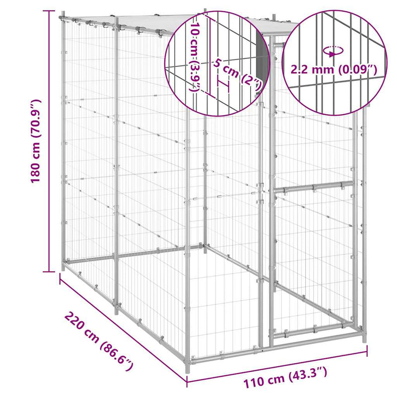 vidaXL kültéri horganyozott acél kutyakennel tetővel 110x220x180 cm