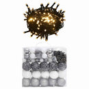 vidaXL 120 részes fehér-szürke karácsonyi gömbszett csúccsal + 300 LED