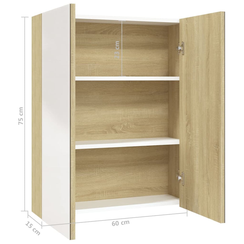 vidaXL fehér és tölgy MDF tükrös fürdőszobaszekrény 60 x 15 x 75 cm