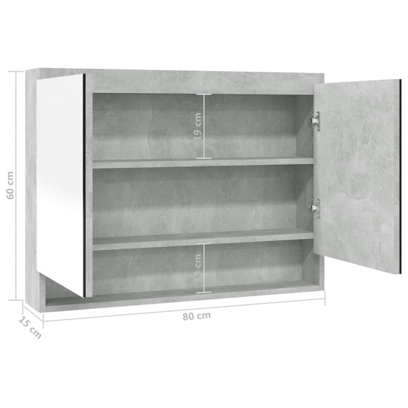vidaXL betonszürke MDF tükrös fürdőszobaszekrény 80 x 15 x 60 cm