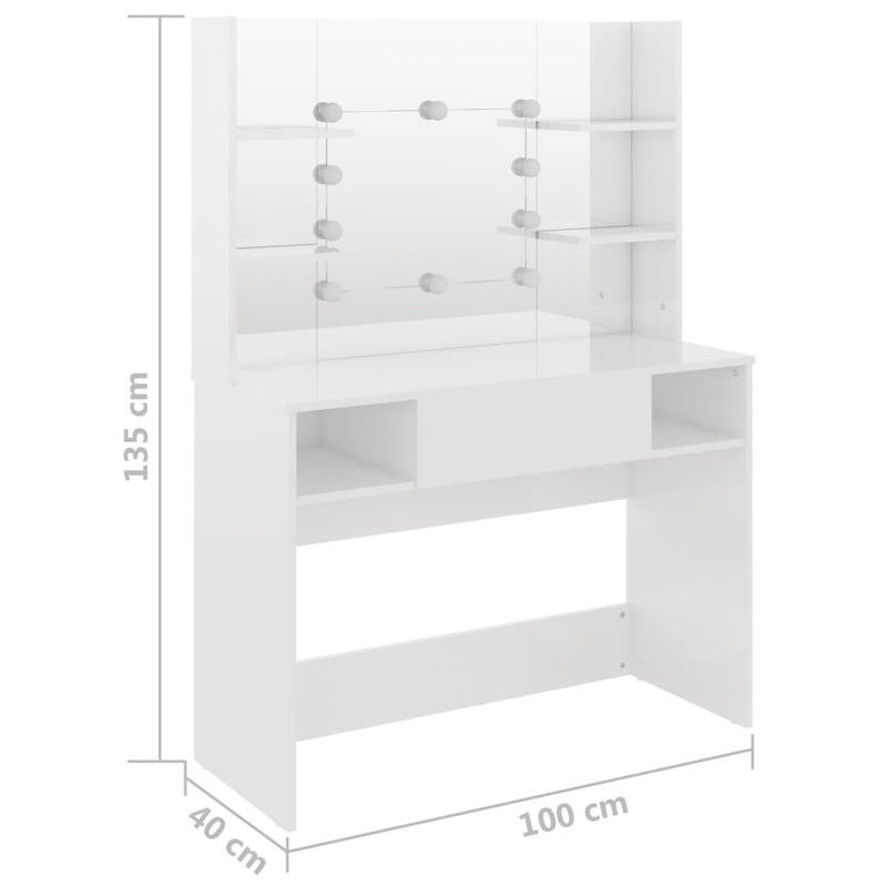 vidaXL fényes fehér LED-es MDF sminkasztal 100 x 40 x 135 cm