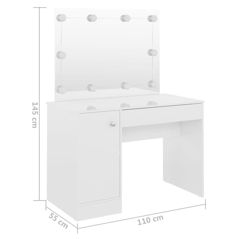 vidaXL fényes fehér LED-es MDF sminkasztal 110 x 55 x 145 cm