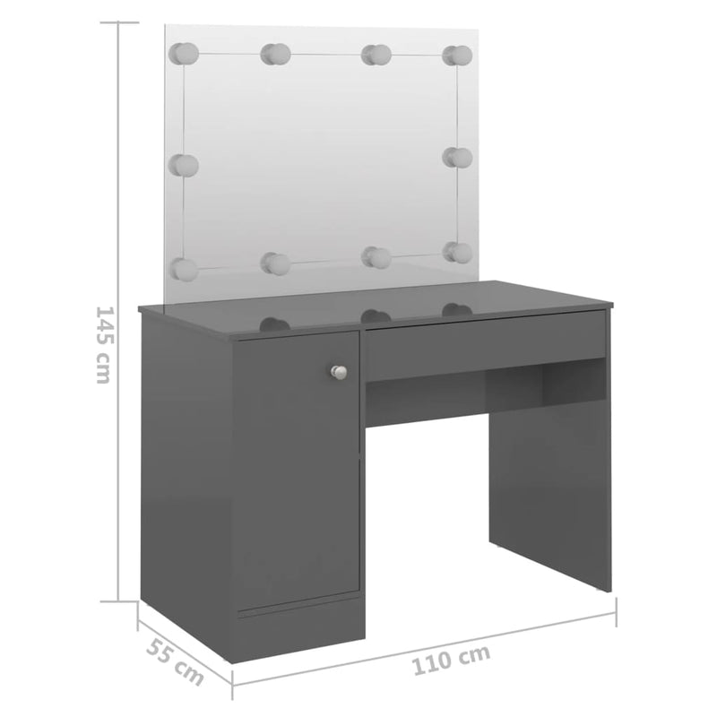 vidaXL fényes szürke LED-es MDF sminkasztal 110 x 55 x 145 cm