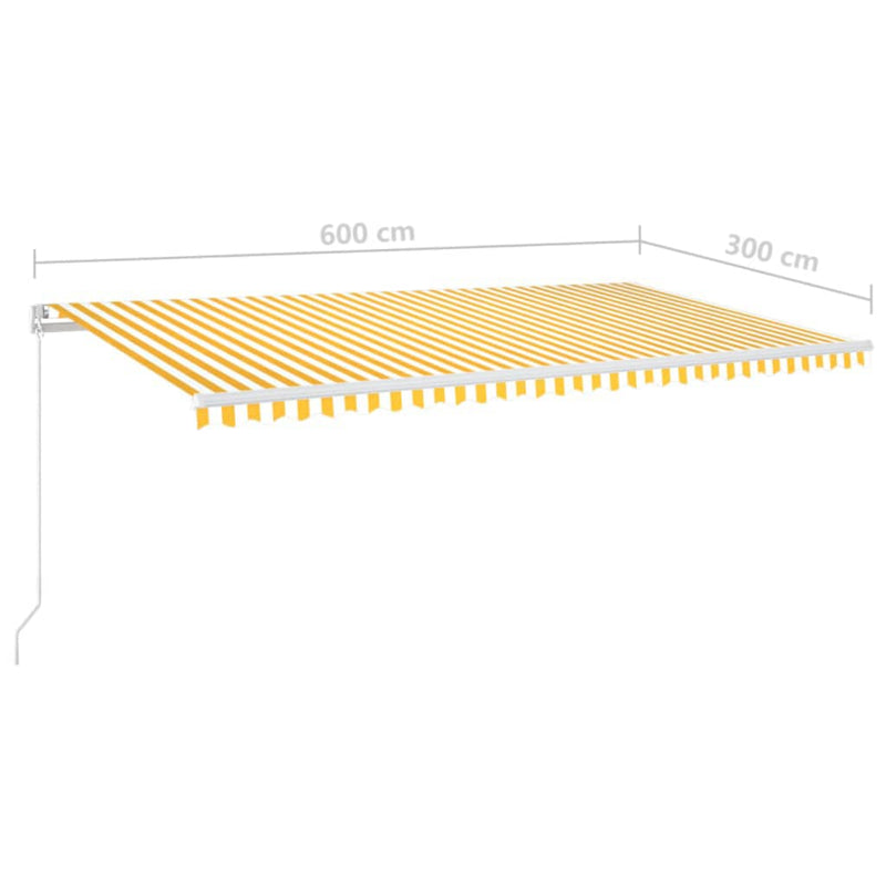 vidaXL sárga és fehér kézzel kihúzható LED-es napellenző 600x300 cm