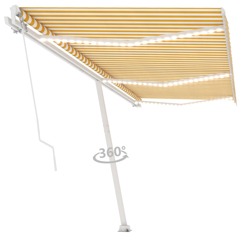 vidaXL sárga és fehér kézzel kihúzható LED-es napellenző 600 x 350 cm