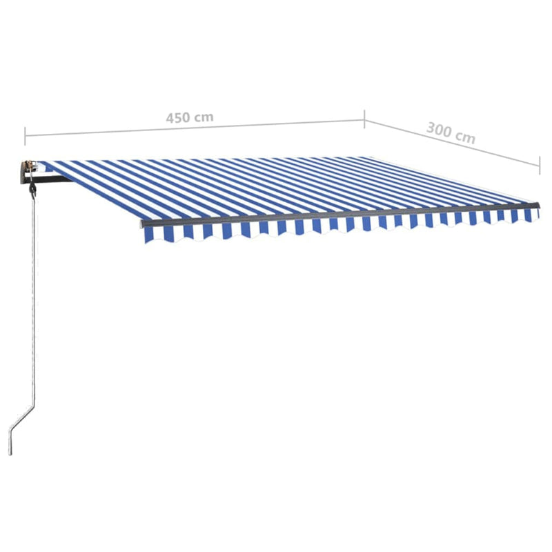 vidaXL kék és fehér kézzel kihúzható LED-es napellenző 450 x 300 cm