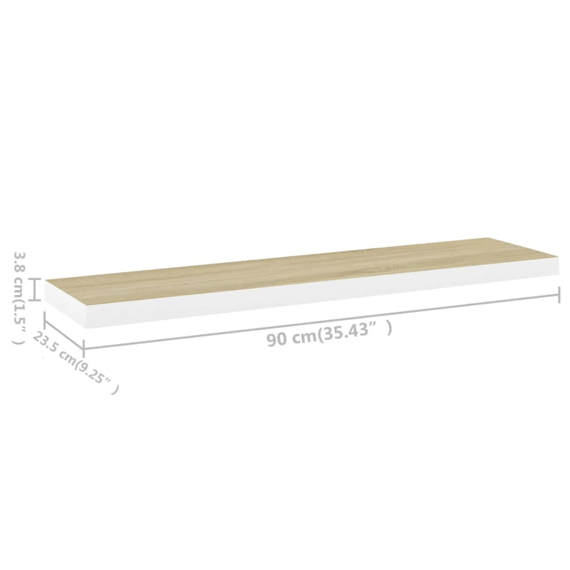 vidaXL fehér-tölgyszínű MDF lebegő fali polc 90 x 23,5 x 3,8 cm