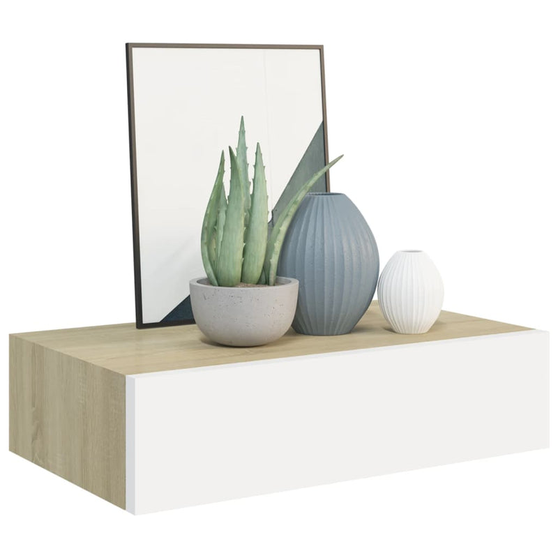 vidaXL falra szerelhető fiókos polc tölgyfa és fehér színben 40 x 23,5 x 10 cm MDF