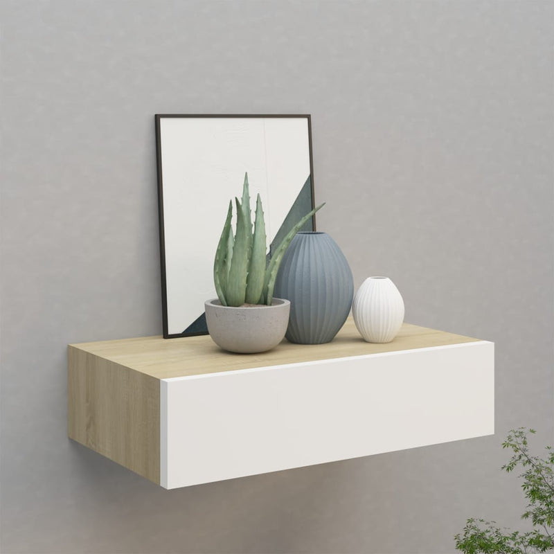vidaXL falra szerelhető fiókos polc tölgyfa és fehér színben 40 x 23,5 x 10 cm MDF