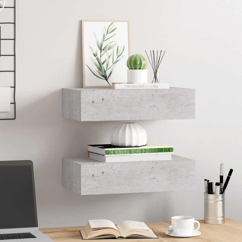 vidaXL 2 db betonszürke MDF falra szerelhető fiókos polc 40x23,5x10 cm