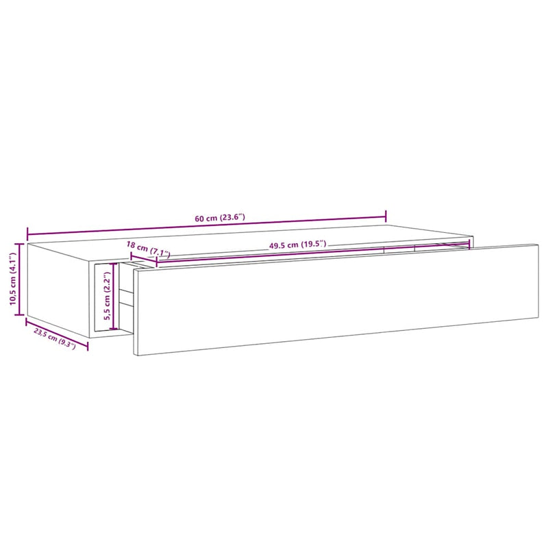vidaXL fekete MDF falra szerelhető fiókos polc 60 x 23,5 x 10 cm