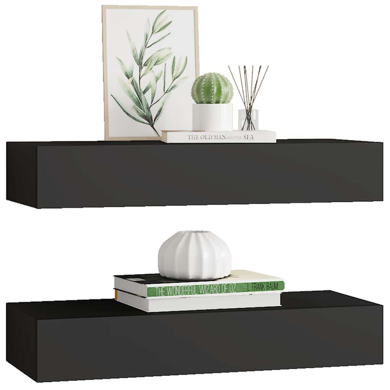 vidaXL 2 db fekete MDF falra szerelhető fiókos polc 60 x 23,5 x 10 cm